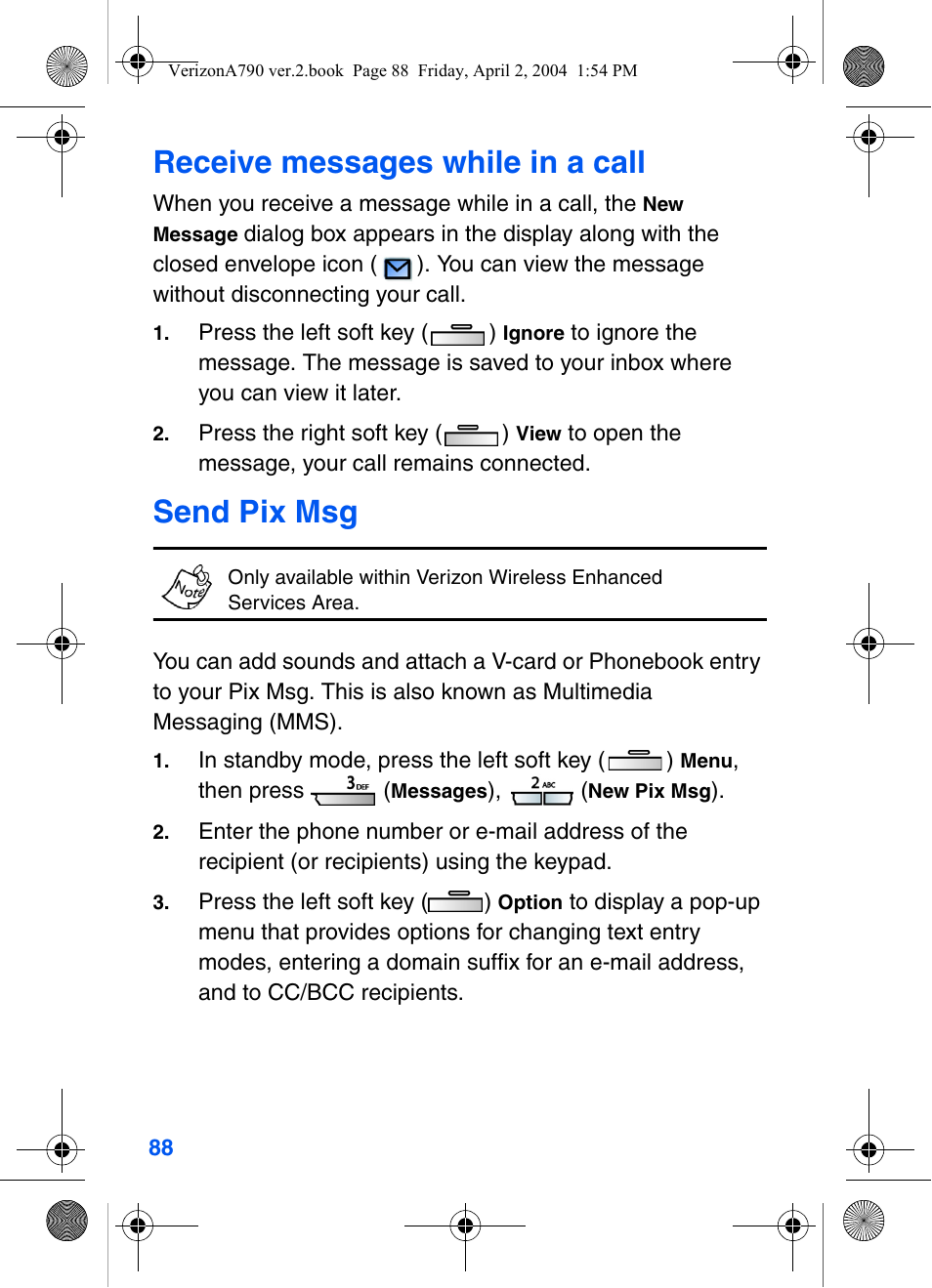 Receive messages while in a call, Send pix msg | Samsung A790 User Manual | Page 96 / 226