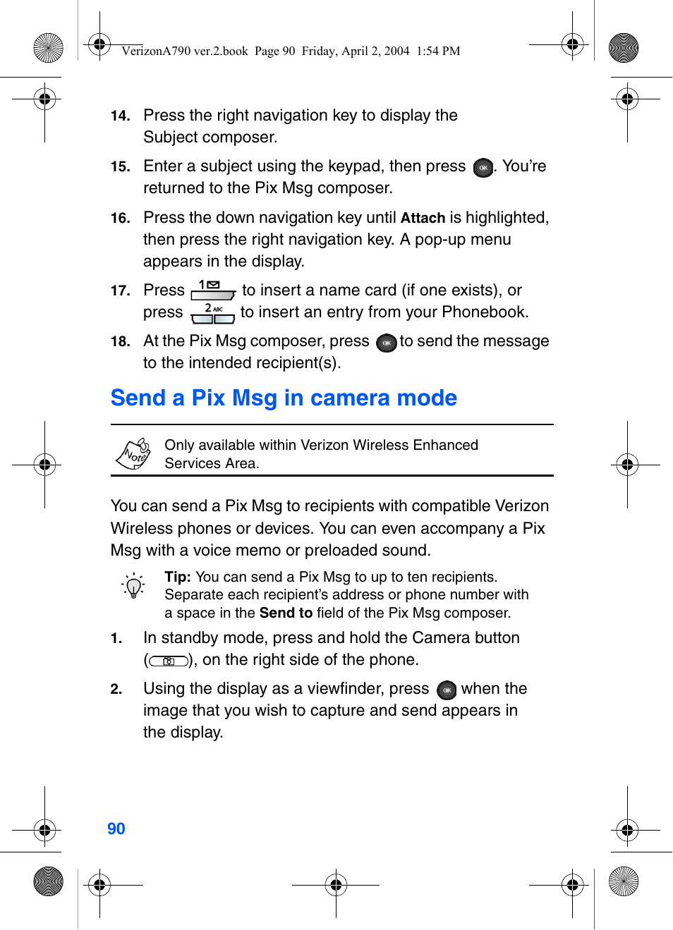 Send a pix msg in camera mode | Samsung A790 User Manual | Page 98 / 226