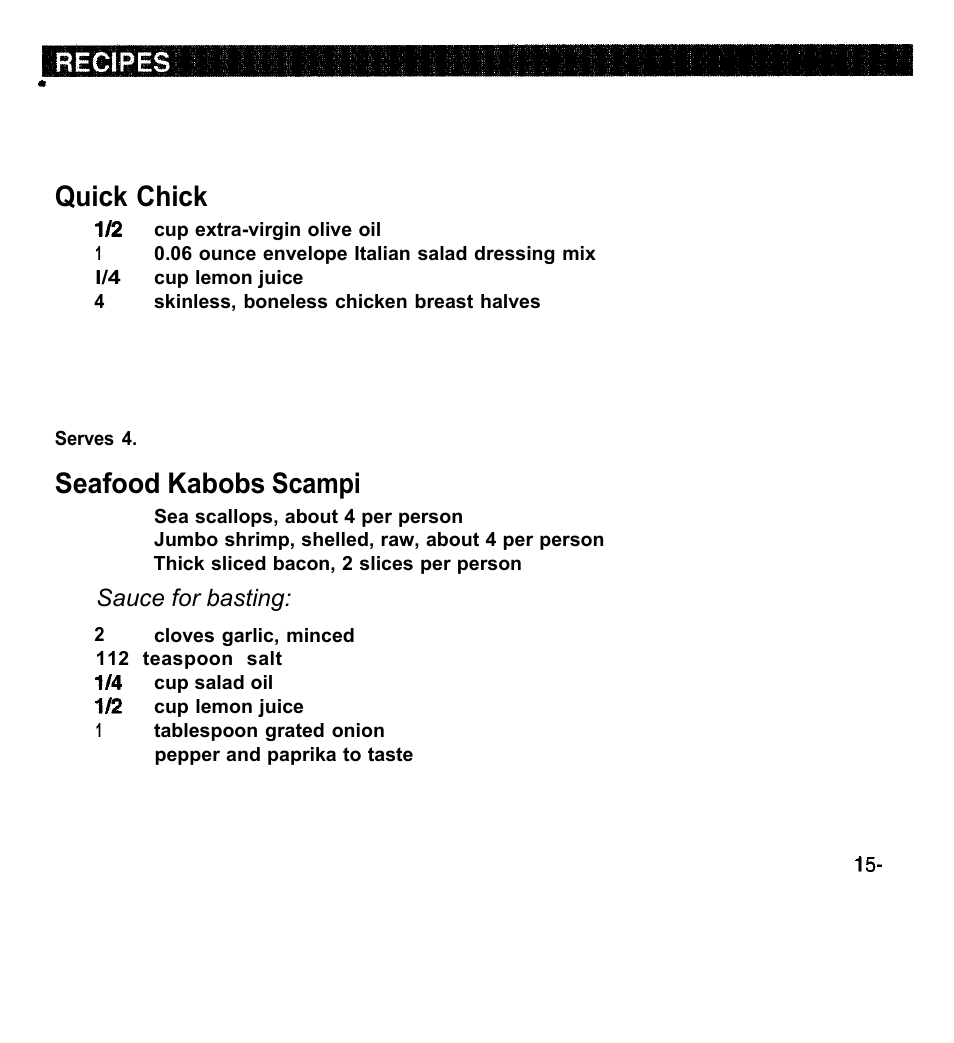 Quick chick, Seafood kabobs scampi | Sunbeam Electric Indoor Grills User Manual | Page 7 / 8