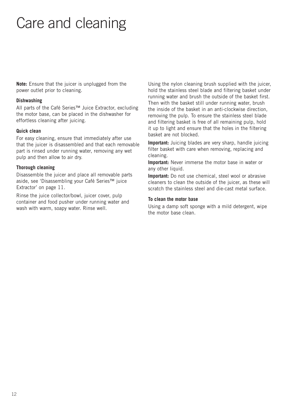 Care and cleaning | Sunbeam JE8500 User Manual | Page 14 / 21