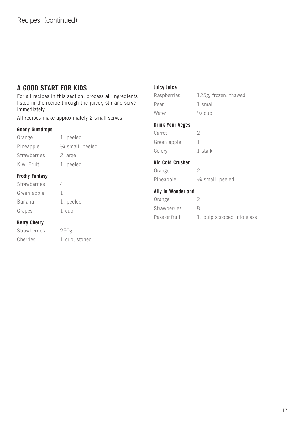 A good start for kids, Recipes (continued) | Sunbeam JE8500 User Manual | Page 19 / 21