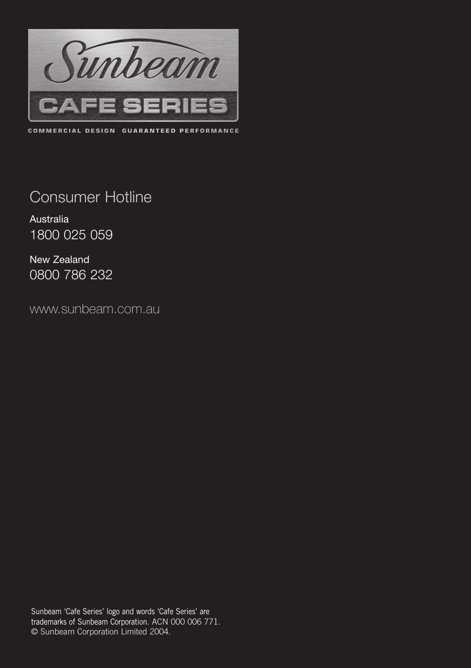 Consumer hotline | Sunbeam PB9500 User Manual | Page 31 / 31