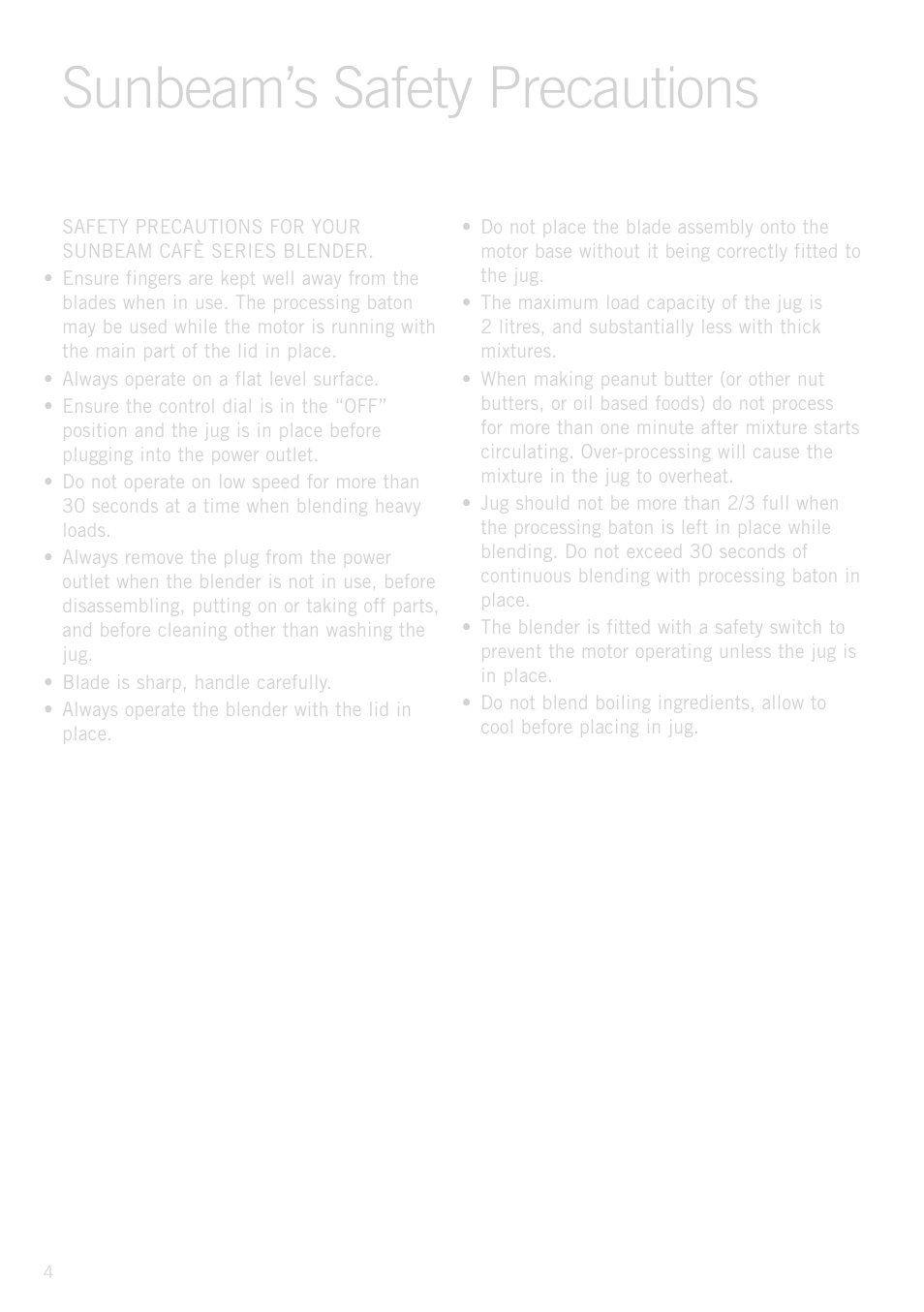 Sunbeam’s safety precautions | Sunbeam PB9500 User Manual | Page 4 / 31