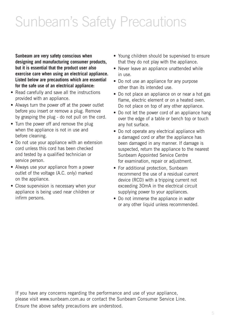 Sunbeam’s safety precautions | Sunbeam PB9500 User Manual | Page 5 / 31