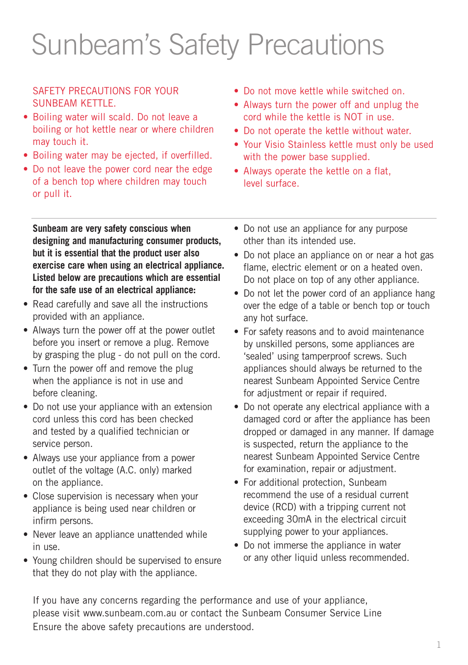 Sunbeam’s safety precautions | Sunbeam KE7600B User Manual | Page 3 / 10