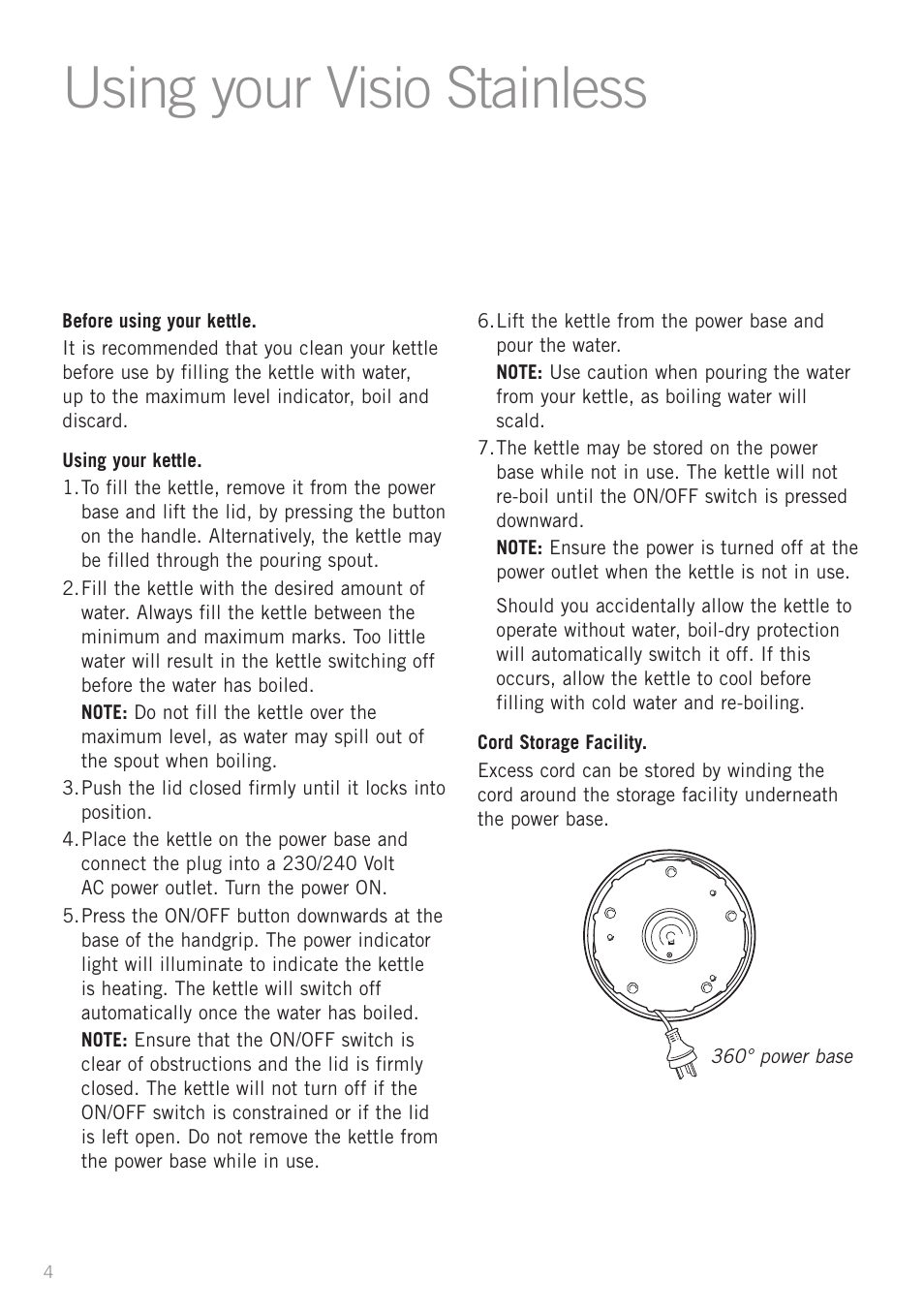Using your visio stainless | Sunbeam KE7600B User Manual | Page 6 / 10