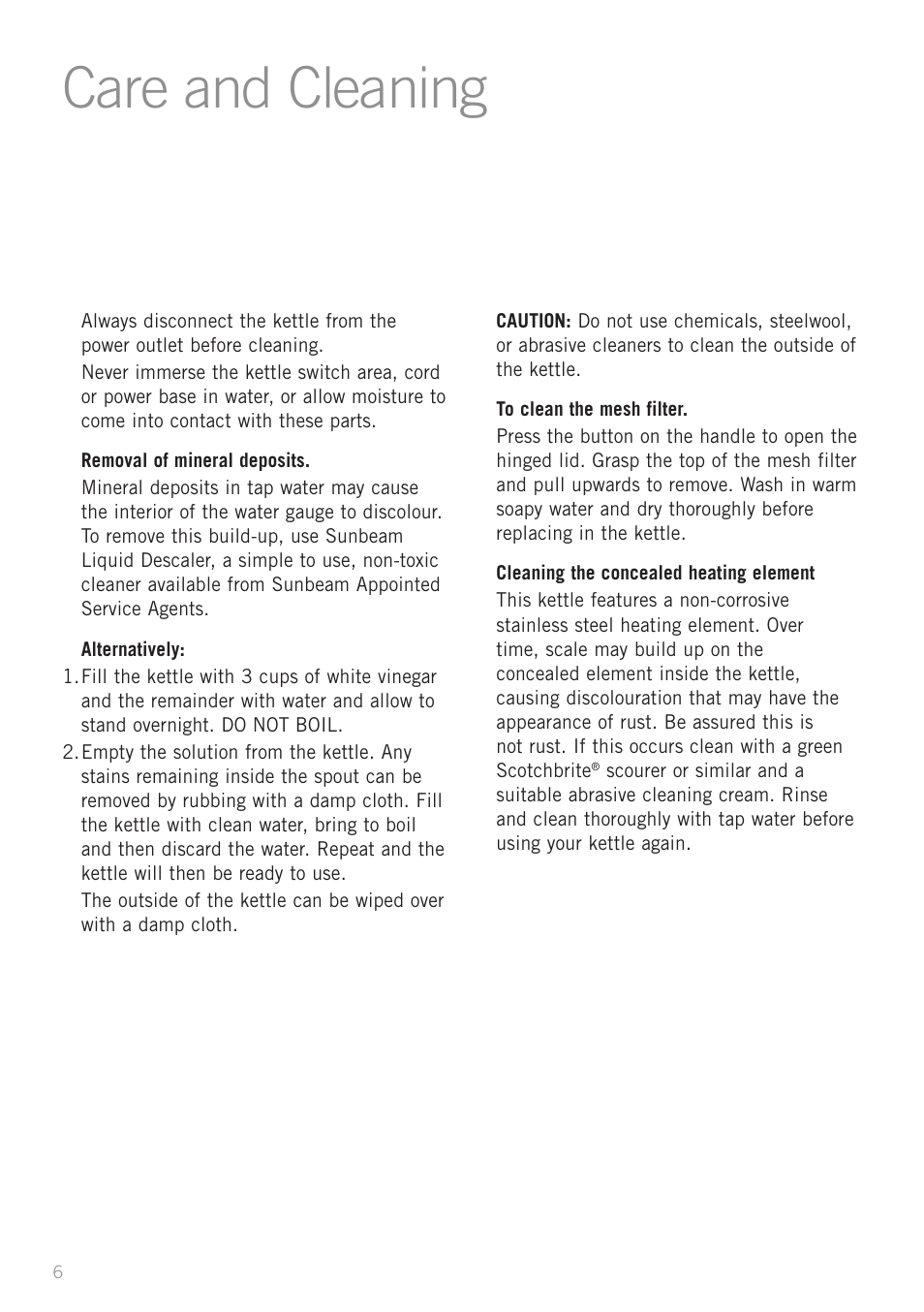 Care and cleaning | Sunbeam KE7600B User Manual | Page 8 / 10