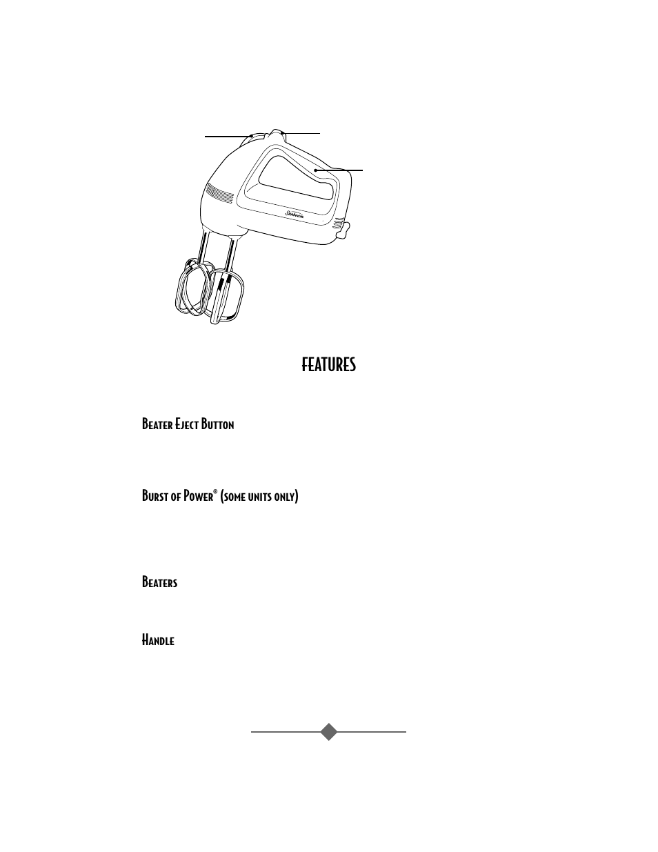 Features, Beater eject button, Burst of power® (some units only) | Beaters, Handle | Sunbeam 2484 User Manual | Page 4 / 32