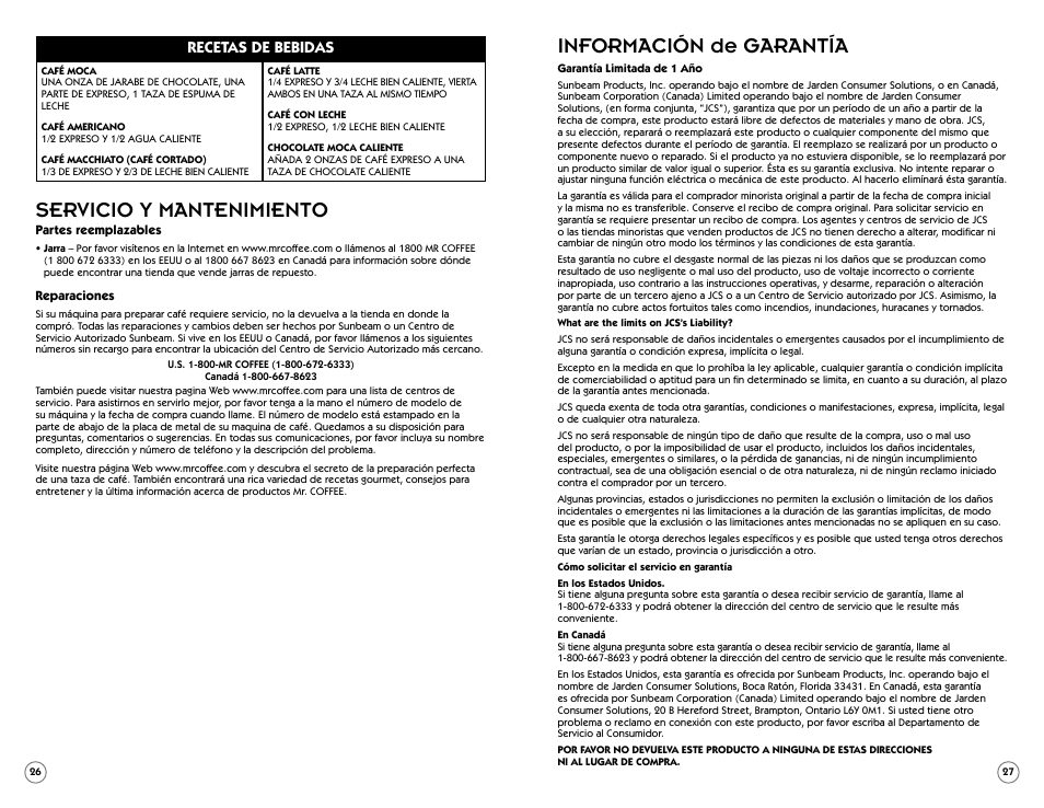 Servicio y mantenimiento, Información de garantía, Recetas de bebidas | Sunbeam BVMC-ECM260 User Manual | Page 14 / 14