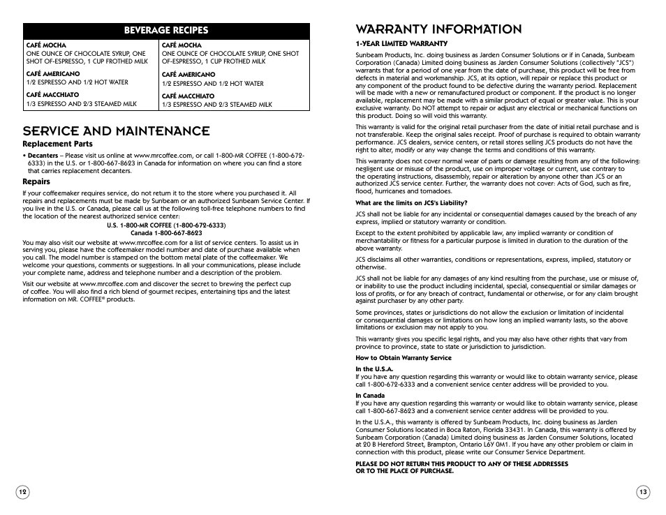 Service and maintenance, Warranty information, Beverage recipes | Sunbeam BVMC-ECM260 User Manual | Page 7 / 14