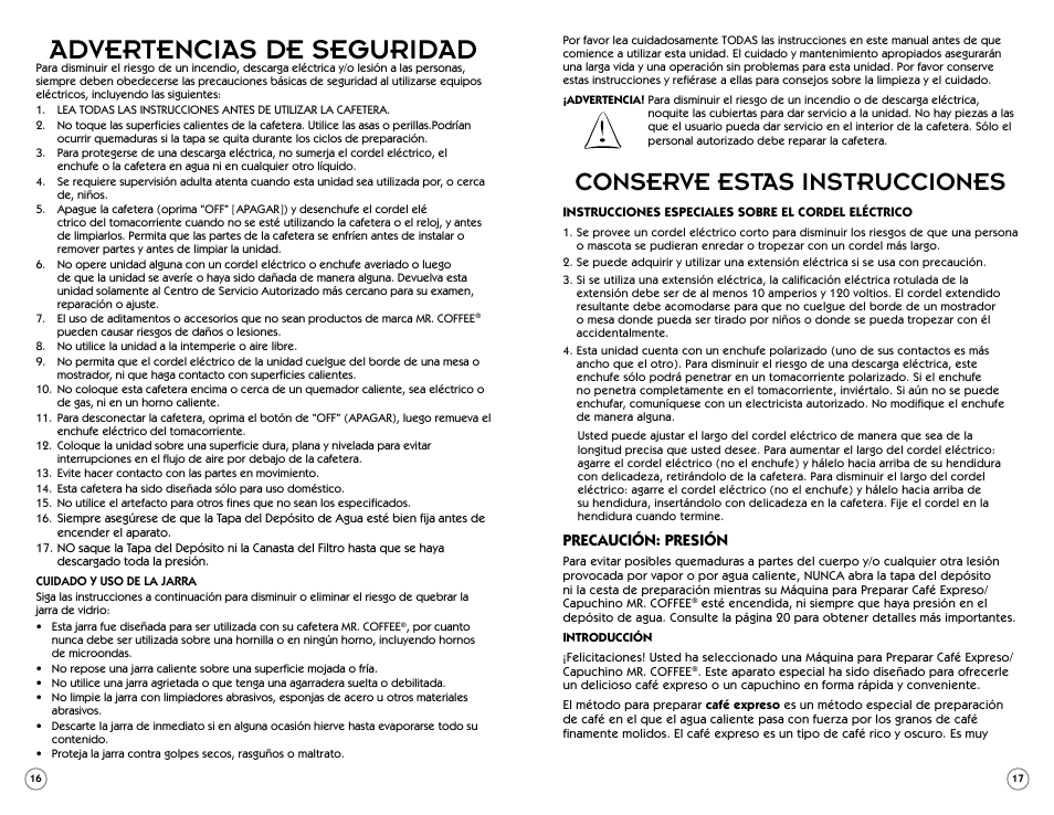 Advertencias de seguridad, Conserve estas instrucciones, Precaución: presión | Sunbeam BVMC-ECM260 User Manual | Page 9 / 14