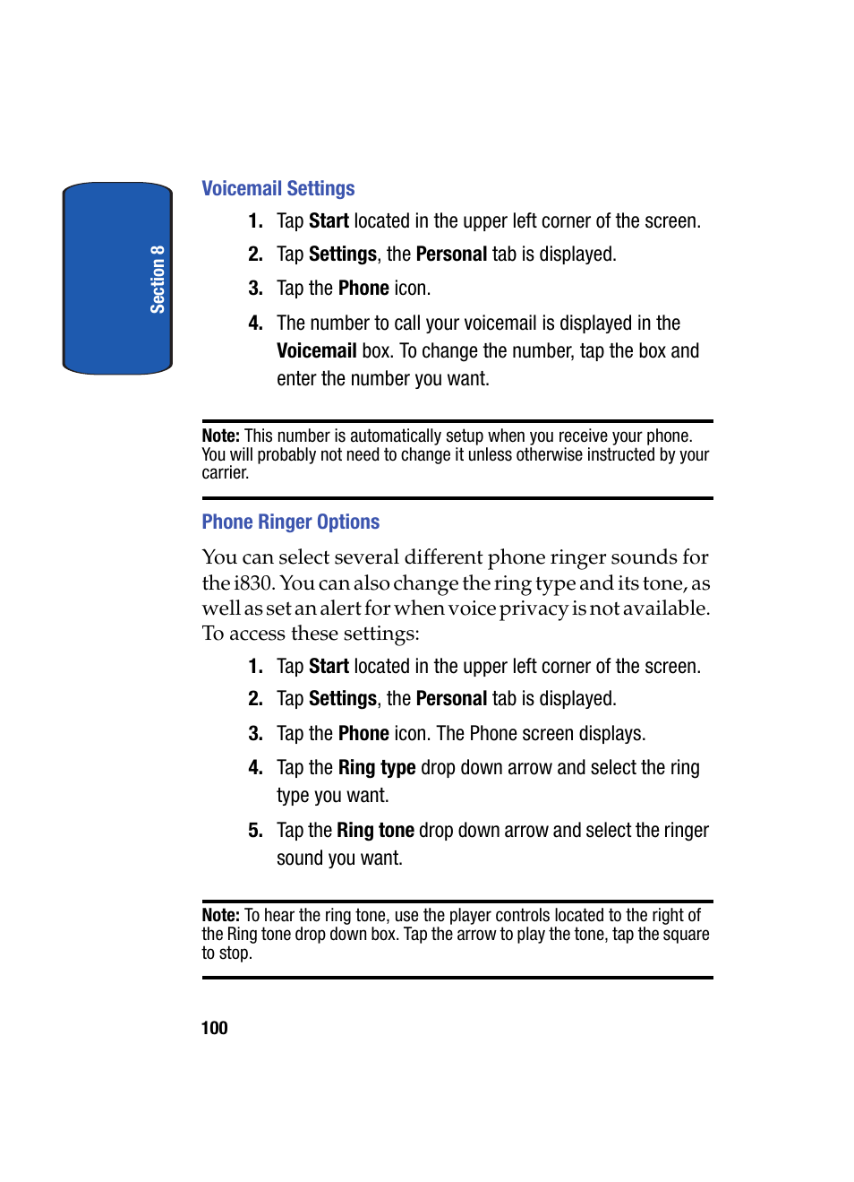 Voicemail settings, Phone ringer options | Samsung SCH i830 User Manual | Page 100 / 224