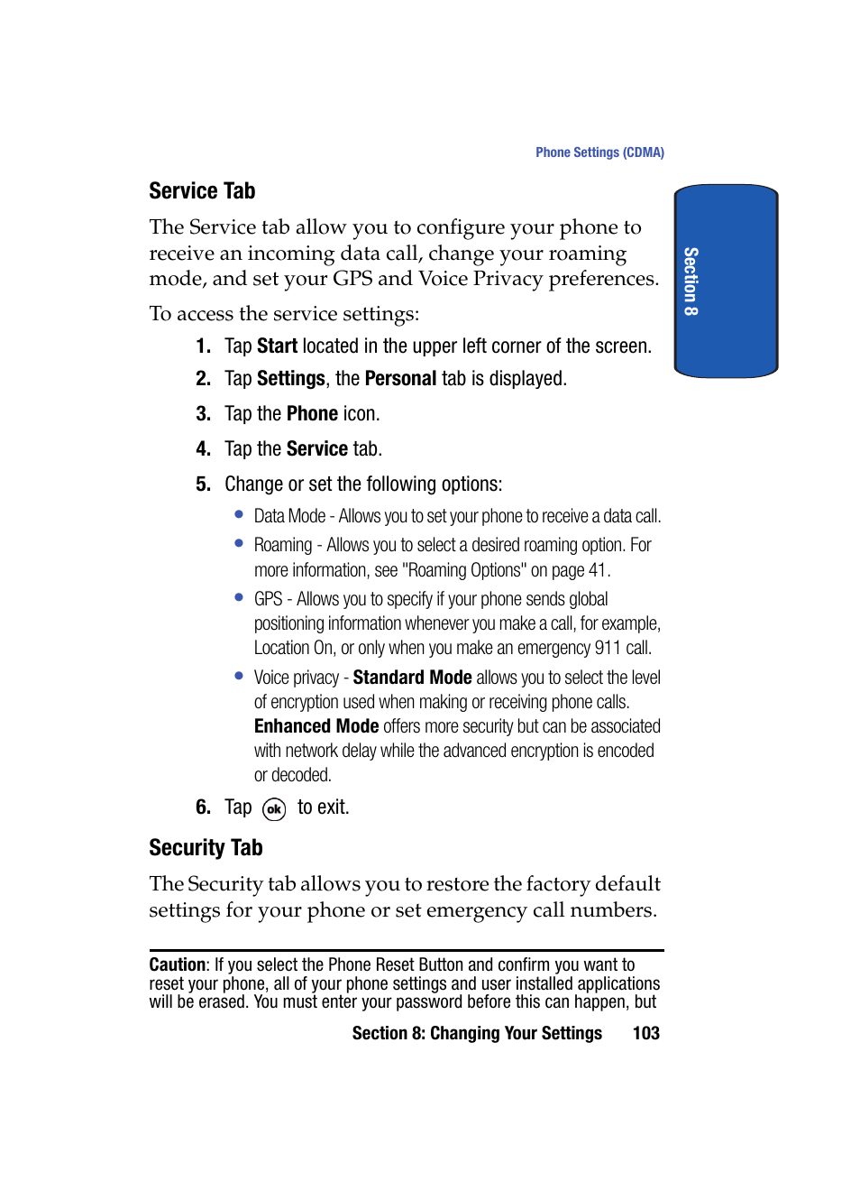 Service tab, Security tab | Samsung SCH i830 User Manual | Page 103 / 224