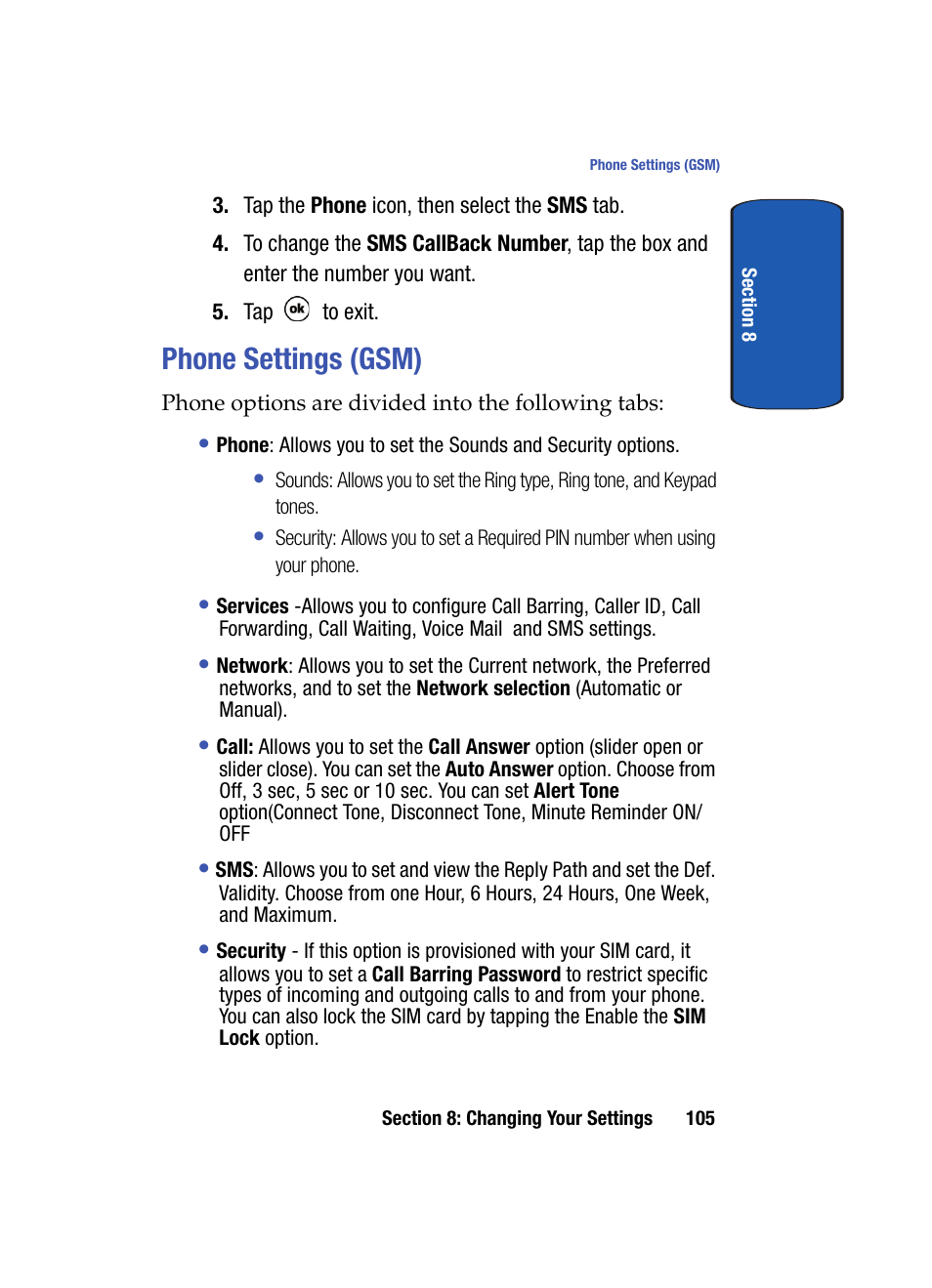 Phone settings (gsm) | Samsung SCH i830 User Manual | Page 105 / 224