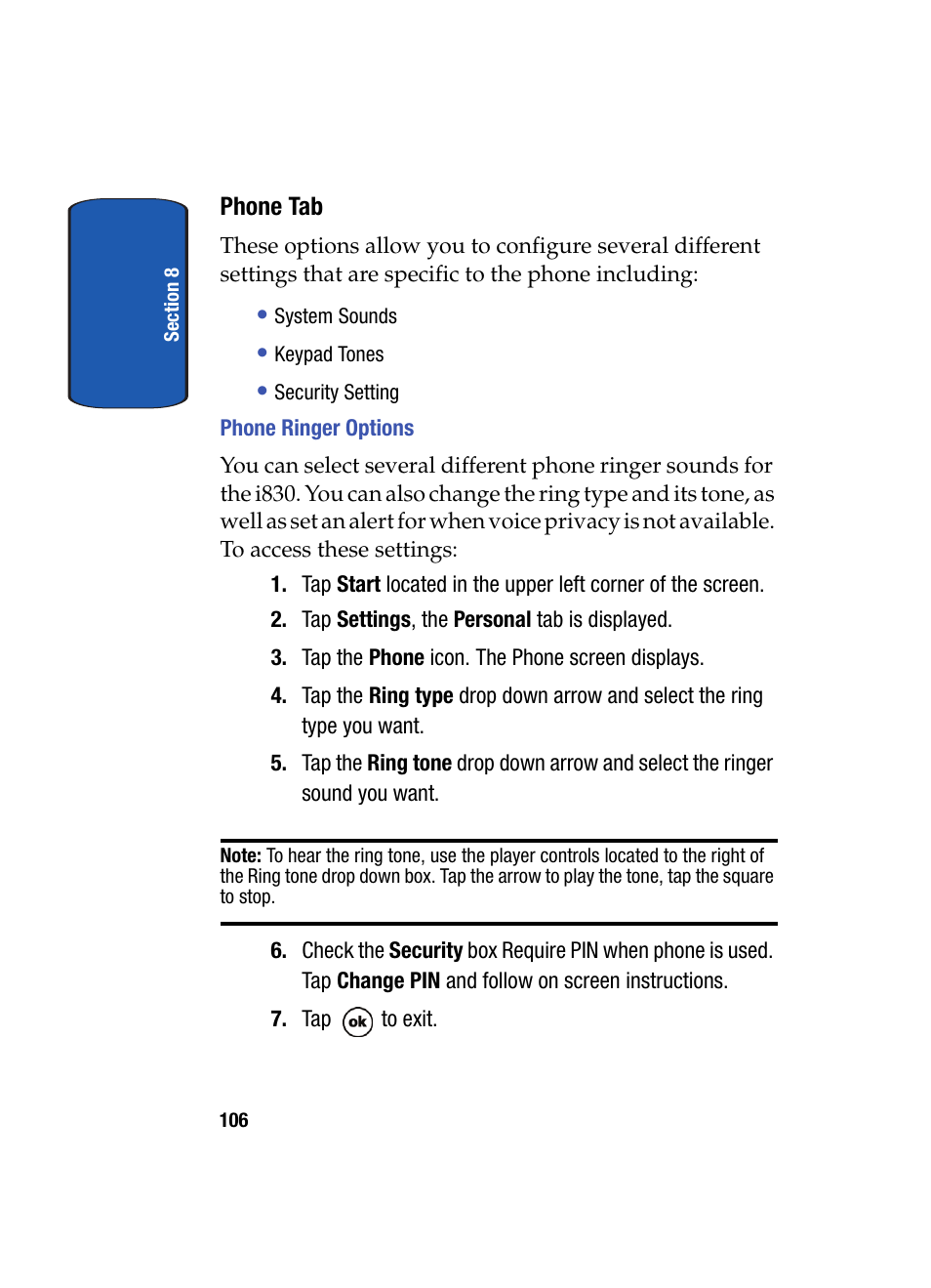 Phone tab, Phone ringer options | Samsung SCH i830 User Manual | Page 106 / 224