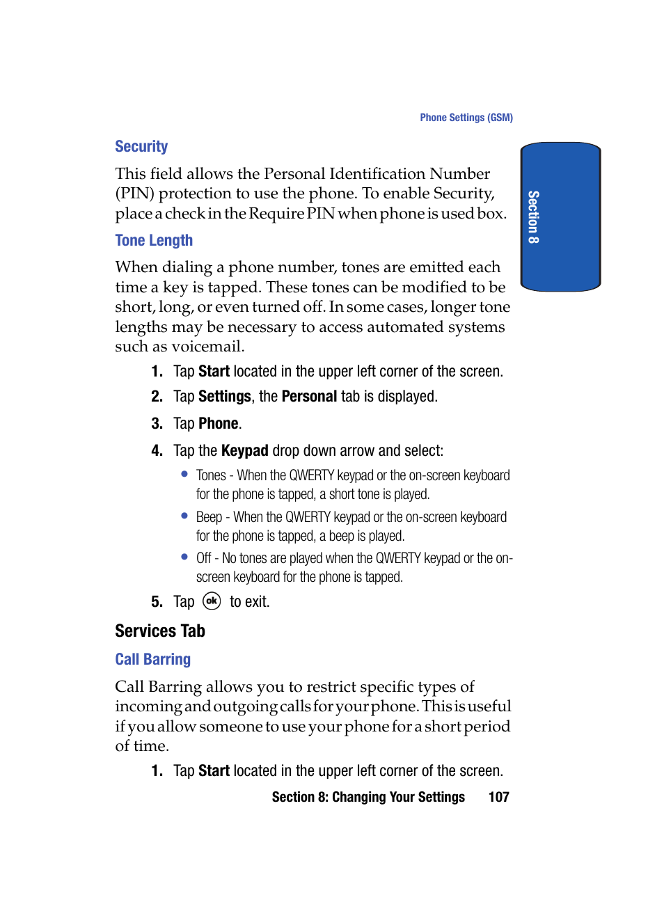 Security, Tone length, Call barring | Samsung SCH i830 User Manual | Page 107 / 224