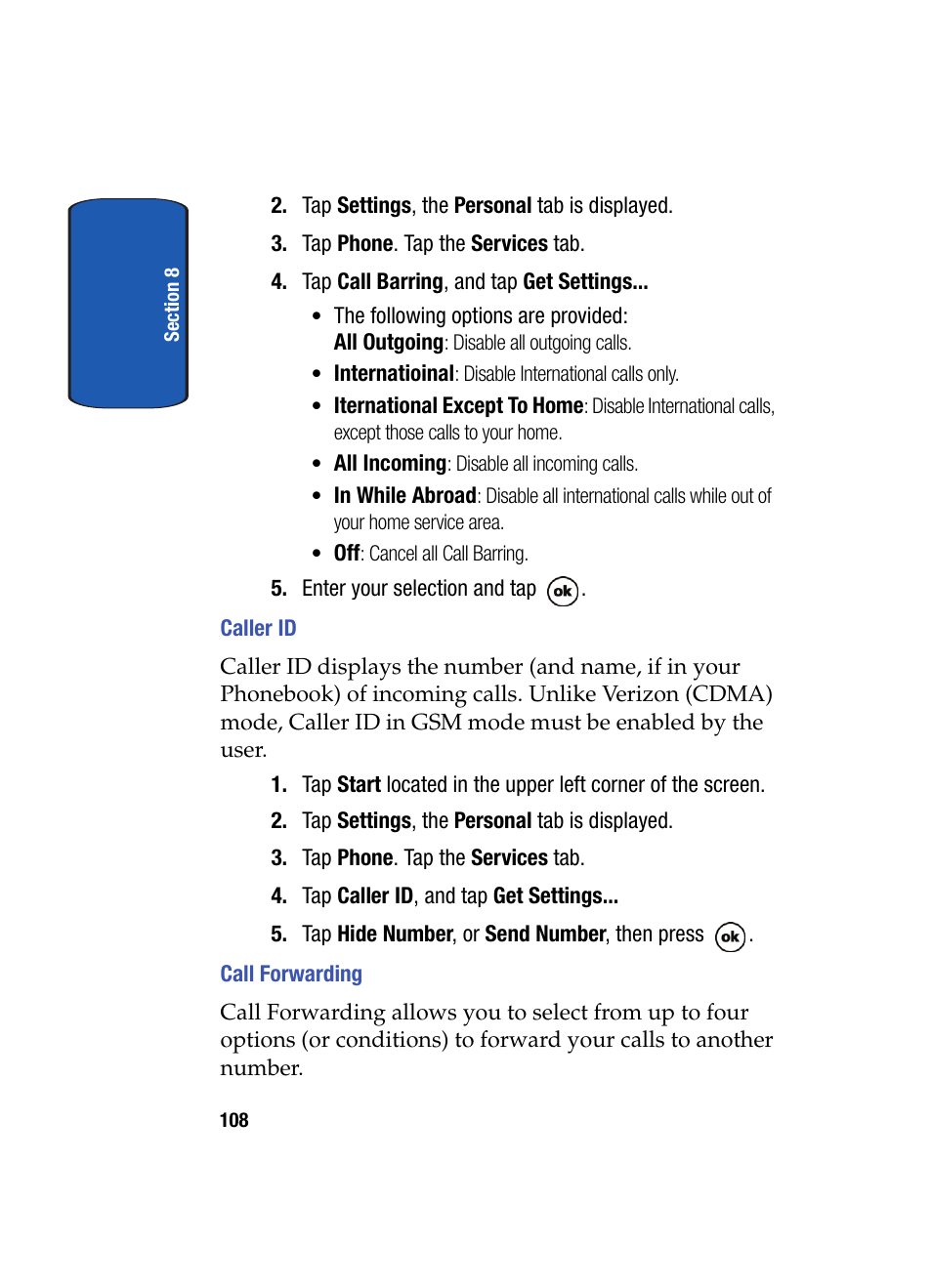 Caller id, Call forwarding | Samsung SCH i830 User Manual | Page 108 / 224