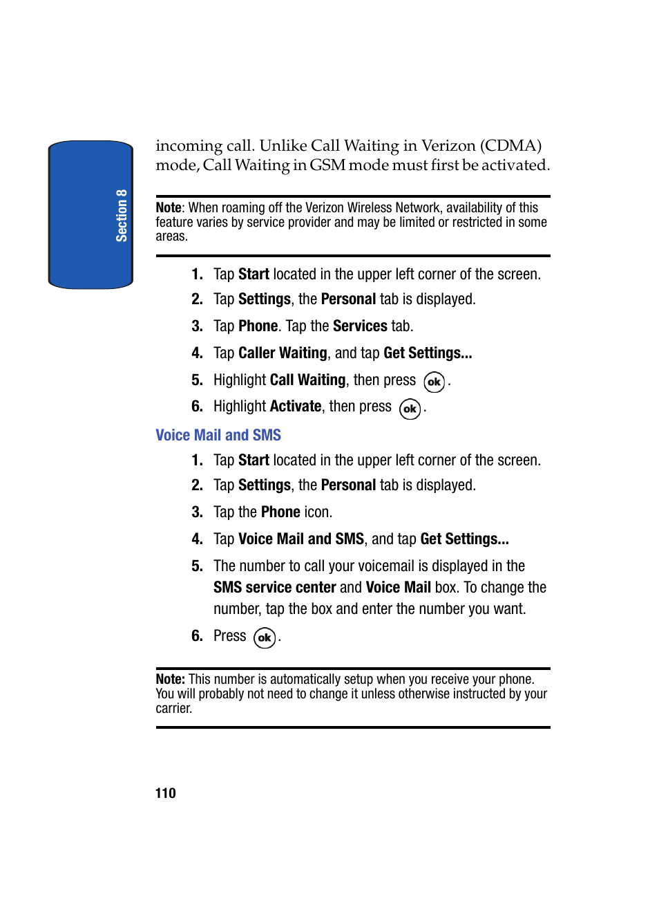 Voice mail and sms | Samsung SCH i830 User Manual | Page 110 / 224
