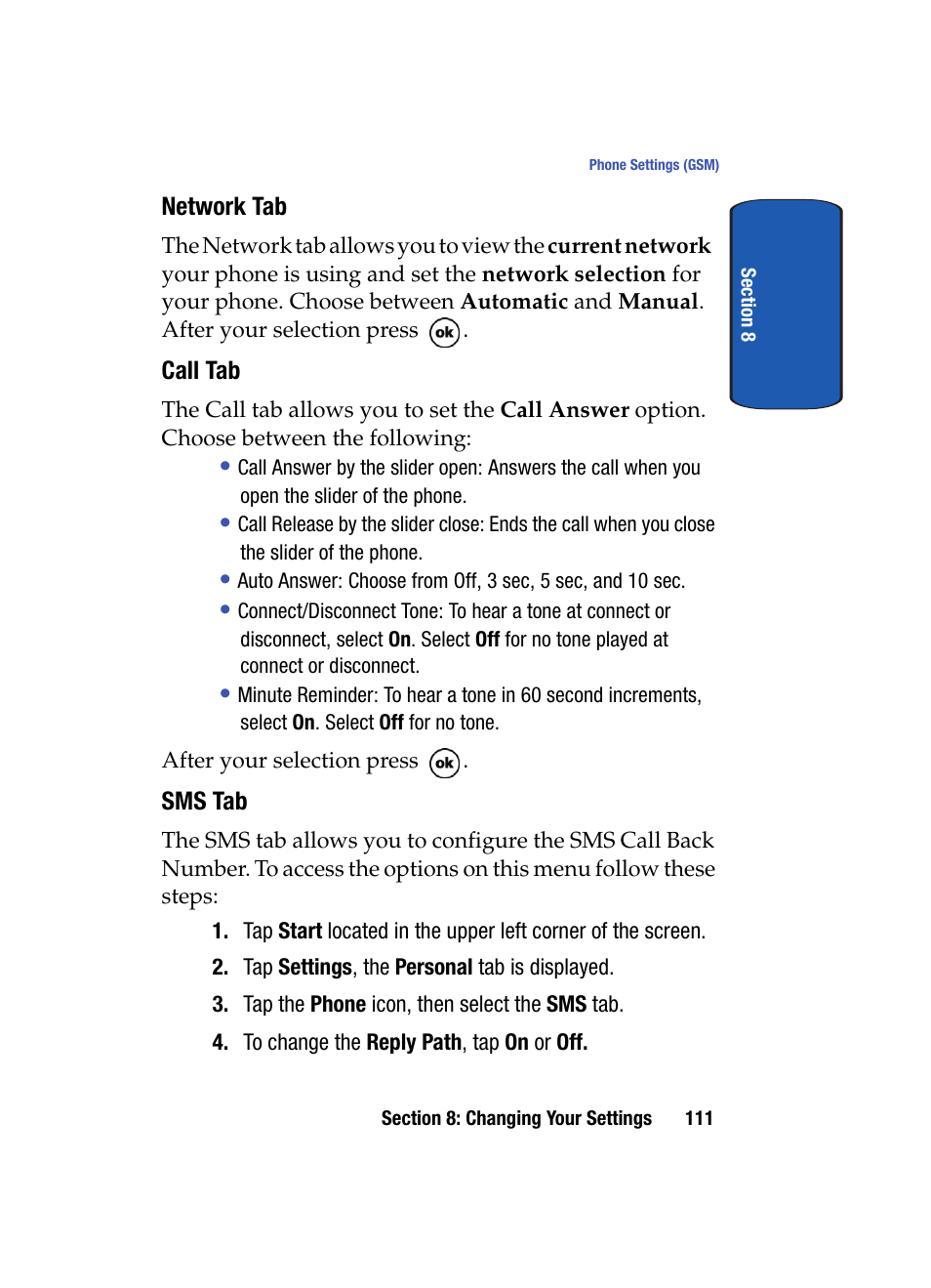 Network tab, Call tab, Sms tab | Samsung SCH i830 User Manual | Page 111 / 224
