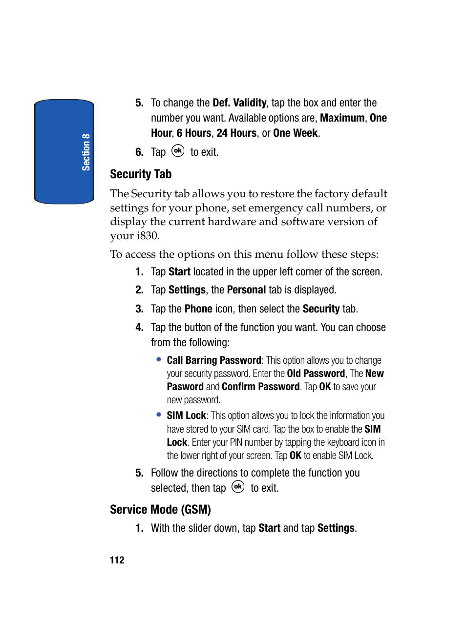 Security tab, Service mode (gsm) | Samsung SCH i830 User Manual | Page 112 / 224