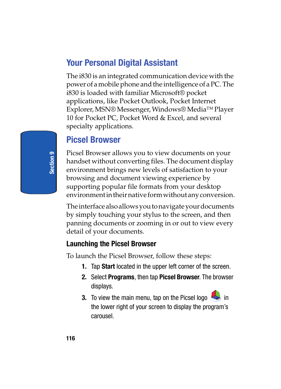 Your personal digital assistant, Picsel browser, Launching the picsel browser | Your personal digital assistant picsel browser | Samsung SCH i830 User Manual | Page 116 / 224