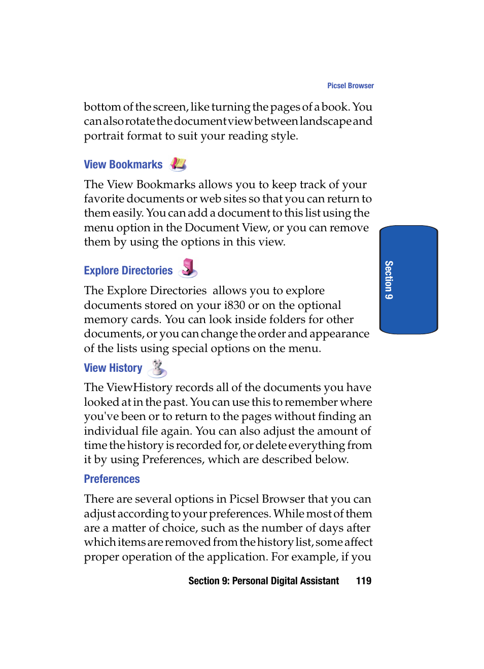 View bookmarks, Explore directories, View history | Preferences | Samsung SCH i830 User Manual | Page 119 / 224