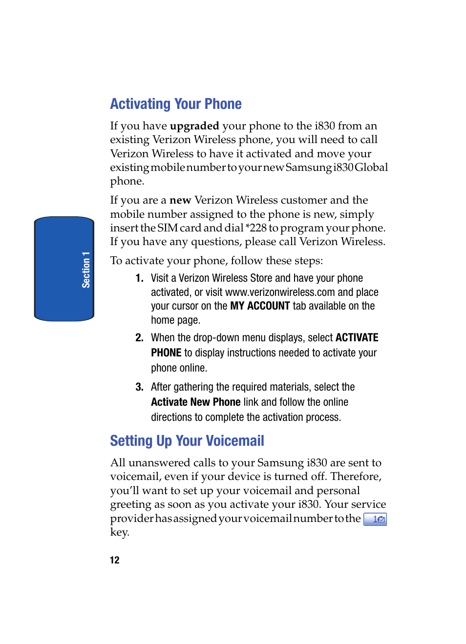 Activating your phone, Setting up your voicemail, Activating your phone setting up your voicemail | Samsung SCH i830 User Manual | Page 12 / 224