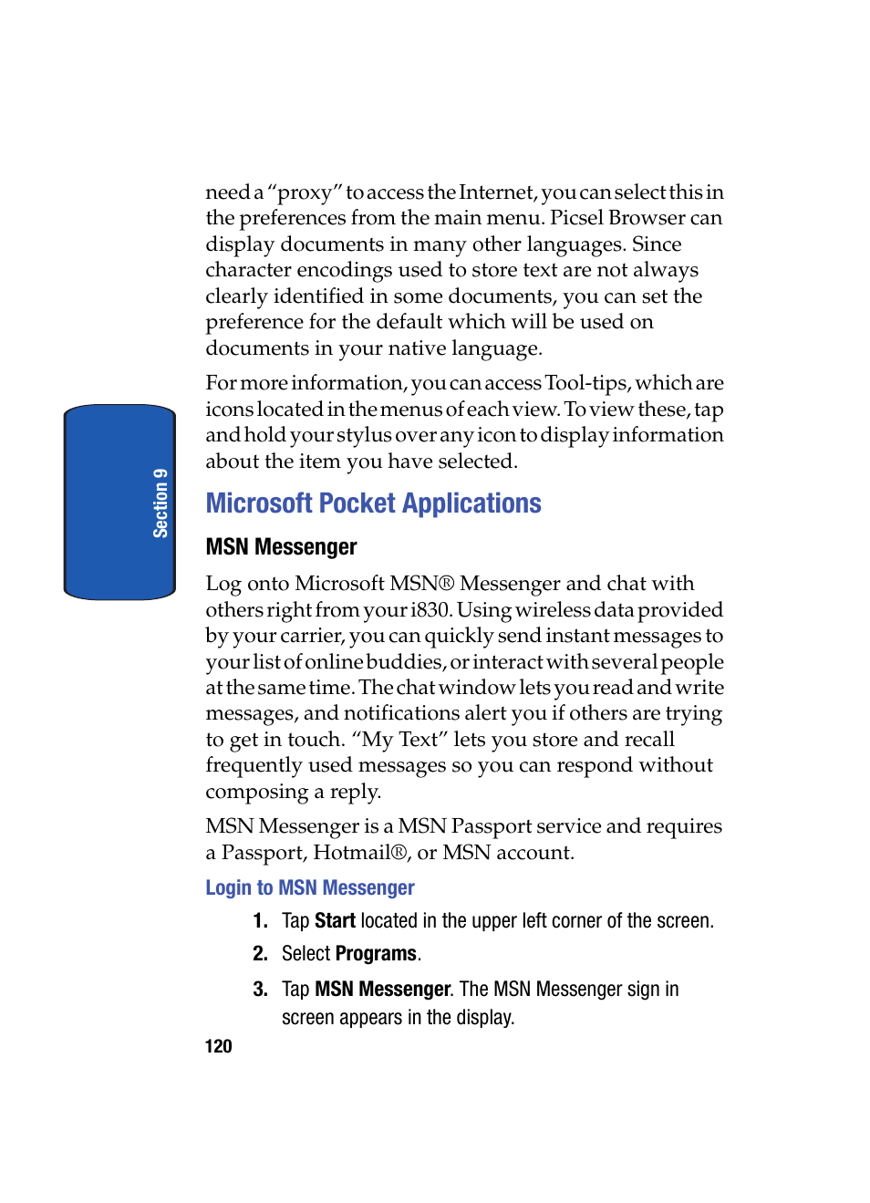 Microsoft pocket applications, Msn messenger, Login to msn messenger | Samsung SCH i830 User Manual | Page 120 / 224