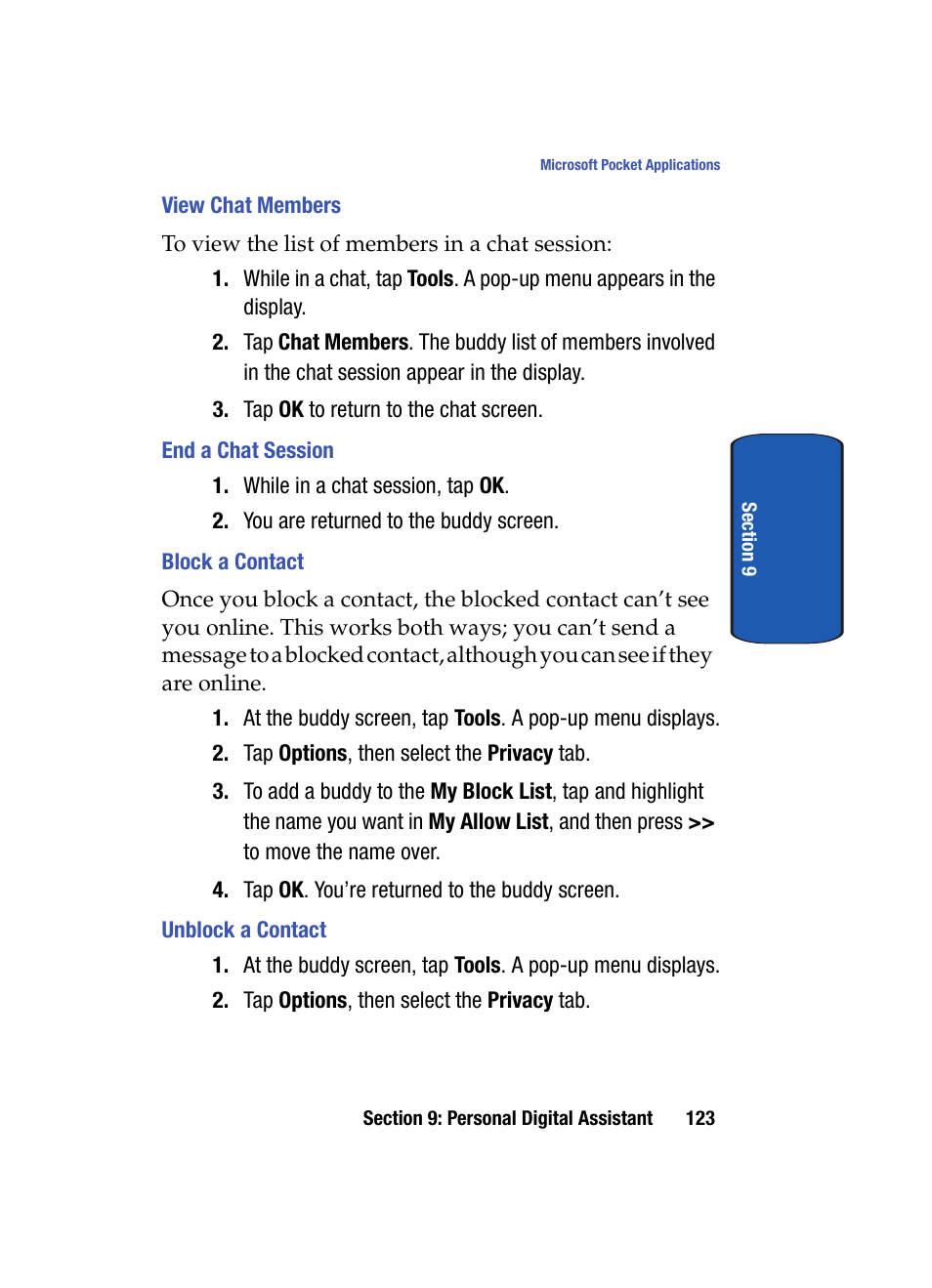 View chat members, End a chat session, Block a contact | Unblock a contact | Samsung SCH i830 User Manual | Page 123 / 224