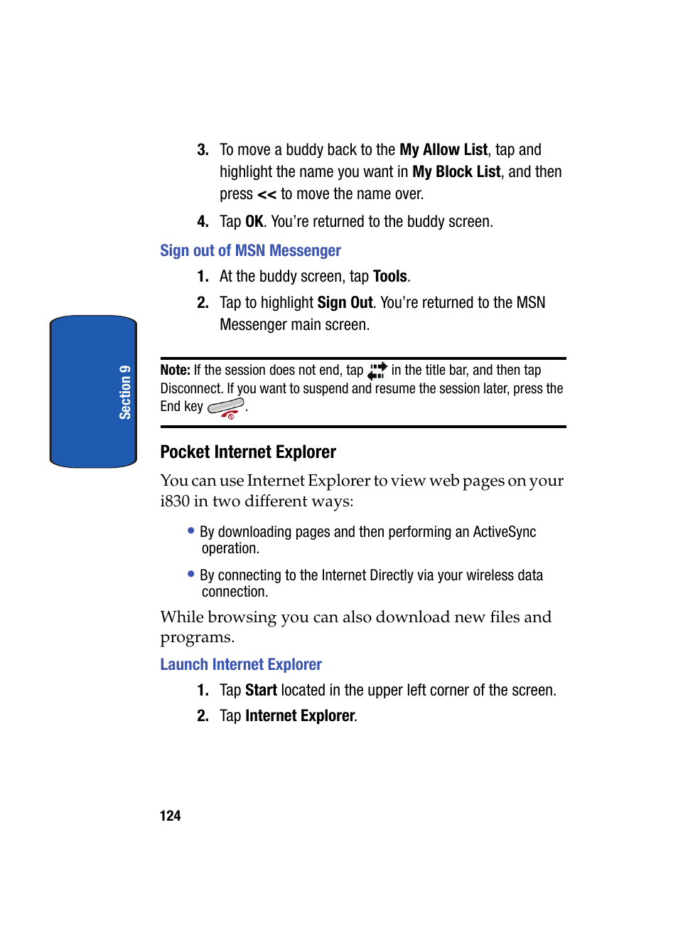 Sign out of msn messenger, Pocket internet explorer, Launch internet explorer | Samsung SCH i830 User Manual | Page 124 / 224