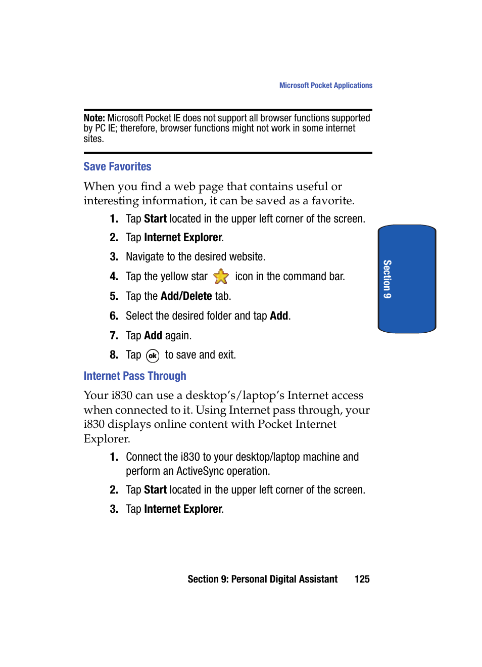 Save favorites, Internet pass through | Samsung SCH i830 User Manual | Page 125 / 224