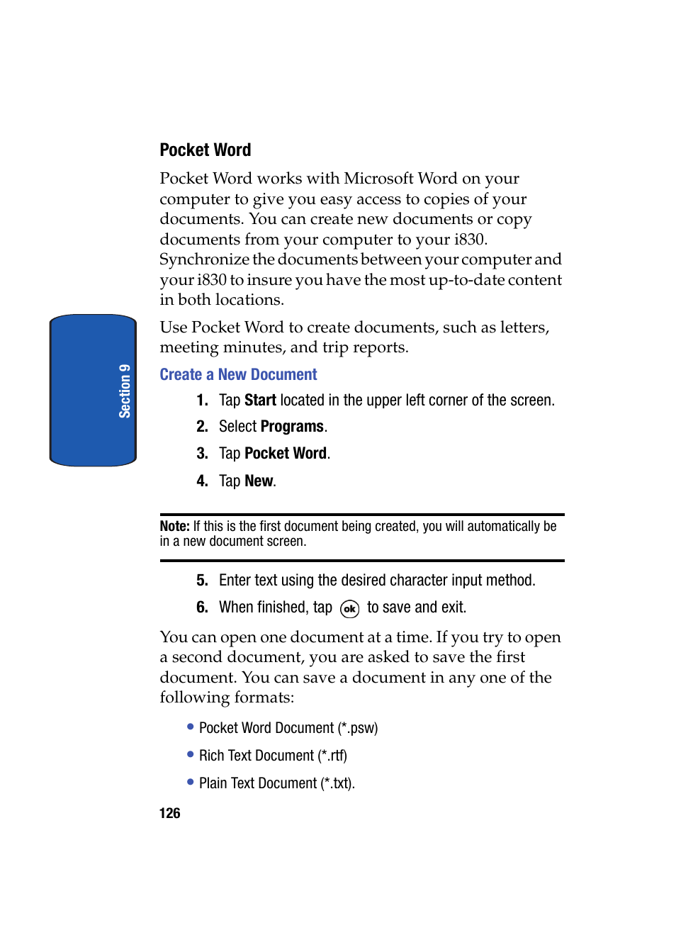 Pocket word, Create a new document | Samsung SCH i830 User Manual | Page 126 / 224