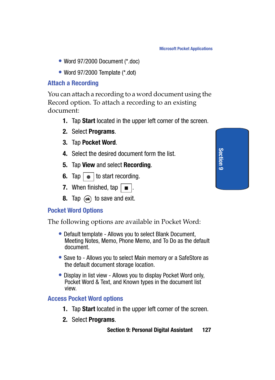 Attach a recording, Pocket word options, Access pocket word options | Samsung SCH i830 User Manual | Page 127 / 224