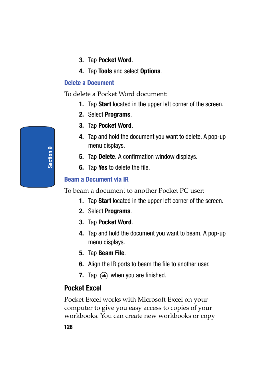 Delete a document, Beam a document via ir, Pocket excel | Samsung SCH i830 User Manual | Page 128 / 224