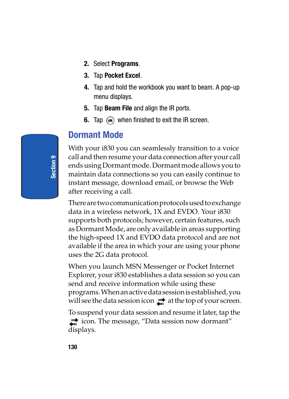 Dormant mode | Samsung SCH i830 User Manual | Page 130 / 224