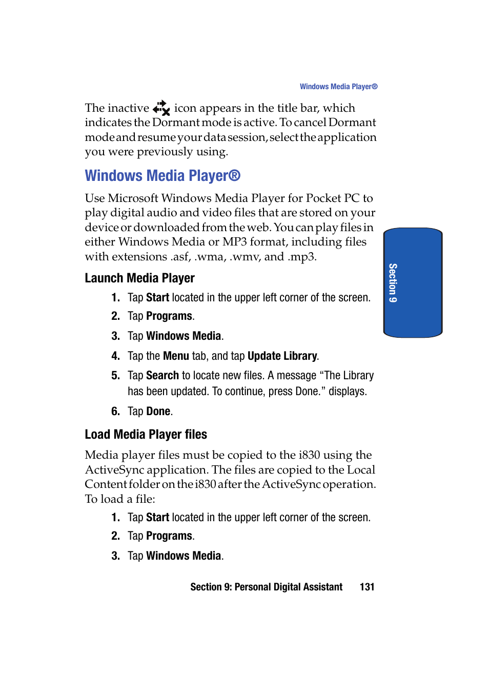 Windows media player, Launch media player, Load media player files | Samsung SCH i830 User Manual | Page 131 / 224