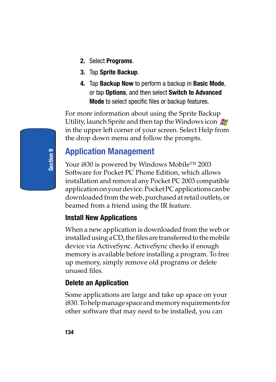 Application management, Install new applications, Delete an application | Samsung SCH i830 User Manual | Page 134 / 224