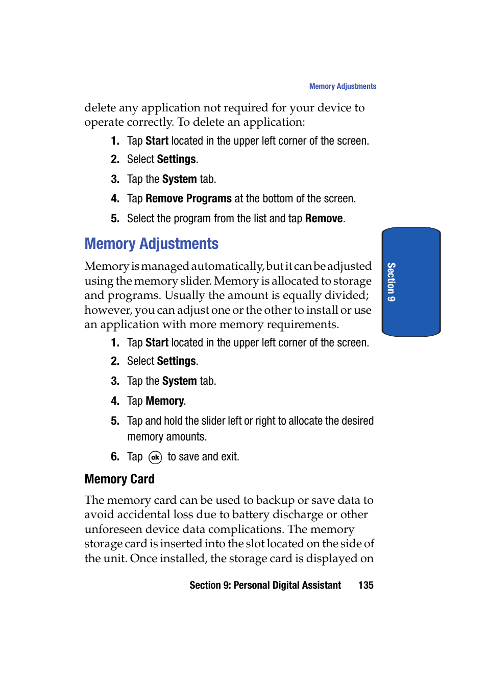Memory adjustments, Memory card | Samsung SCH i830 User Manual | Page 135 / 224