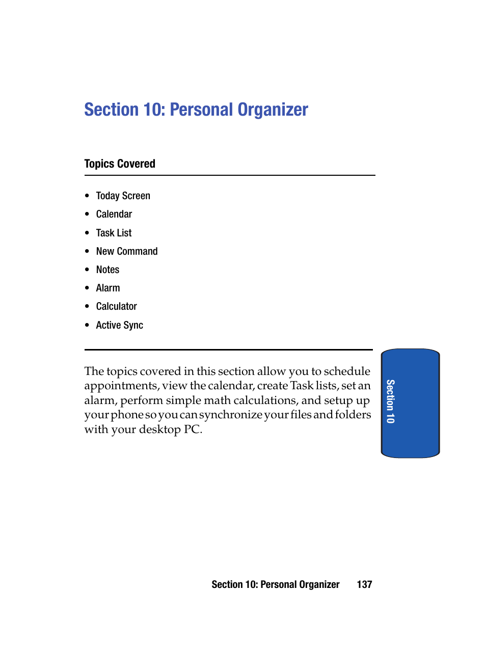 Section 10: personal organizer | Samsung SCH i830 User Manual | Page 137 / 224