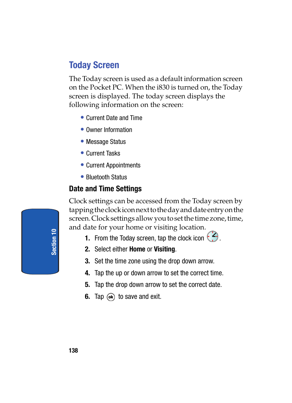 Today screen, Date and time settings | Samsung SCH i830 User Manual | Page 138 / 224