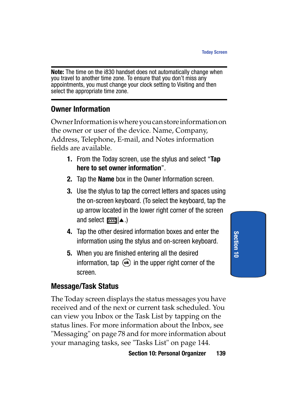 Owner information, Message/task status | Samsung SCH i830 User Manual | Page 139 / 224