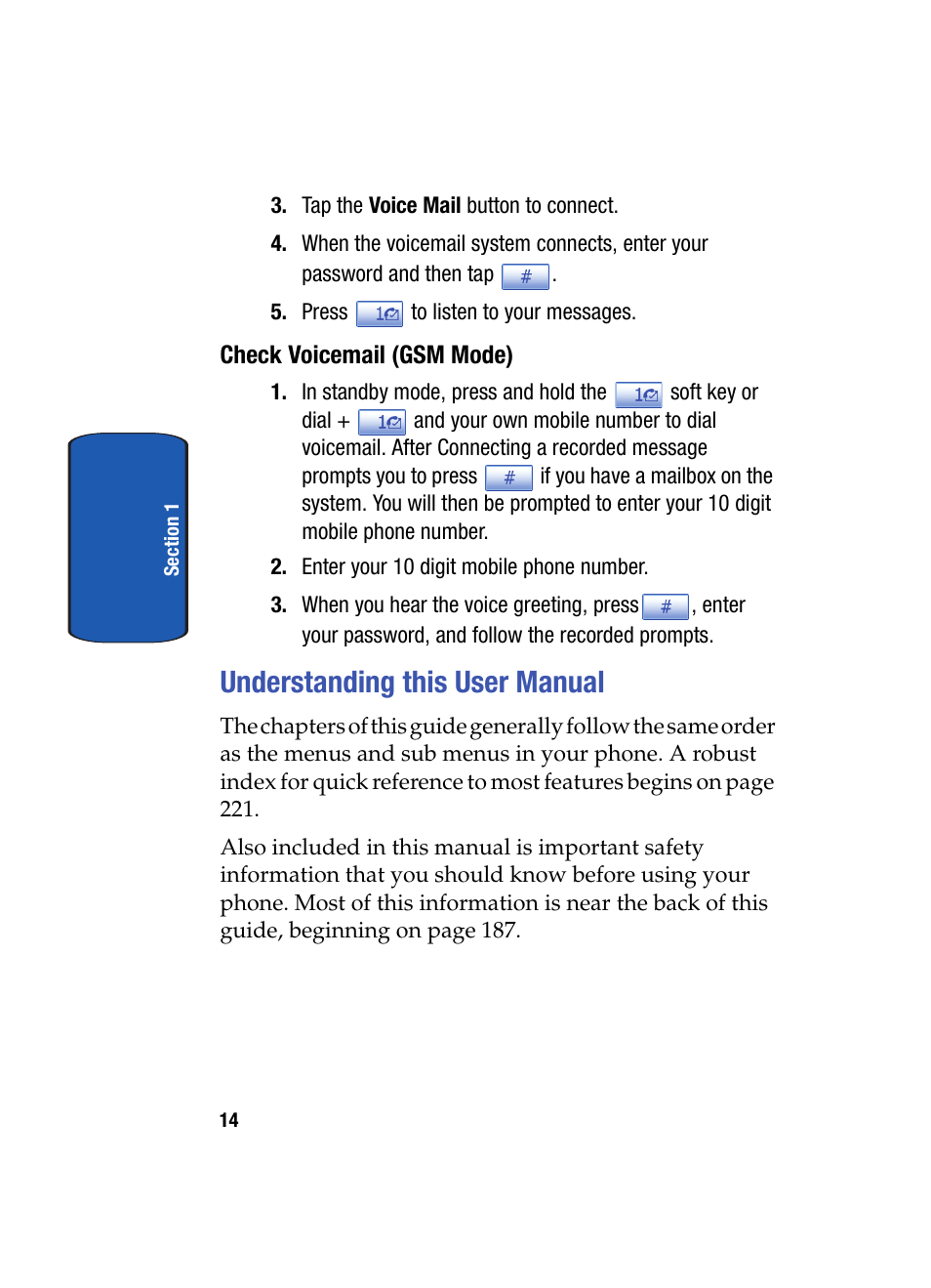 Check voicemail (gsm mode), Understanding this user manual | Samsung SCH i830 User Manual | Page 14 / 224