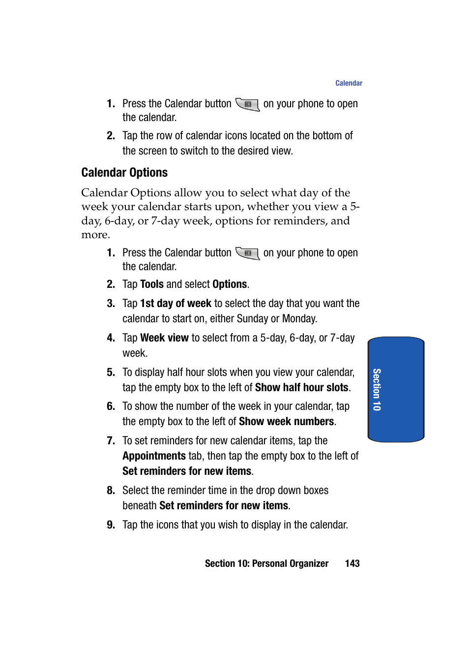Calendar options | Samsung SCH i830 User Manual | Page 143 / 224