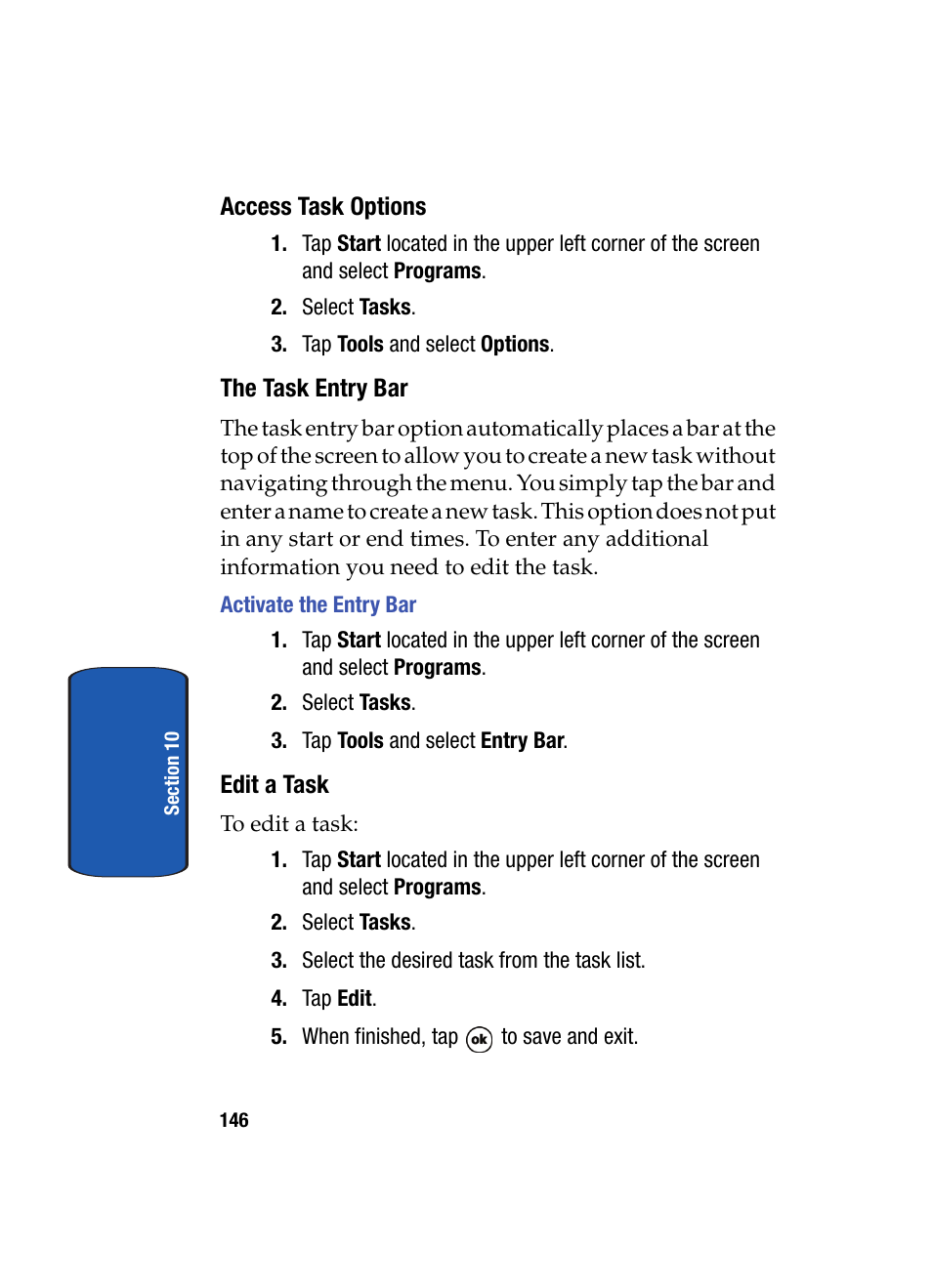 Access task options, The task entry bar, Activate the entry bar | Edit a task | Samsung SCH i830 User Manual | Page 146 / 224