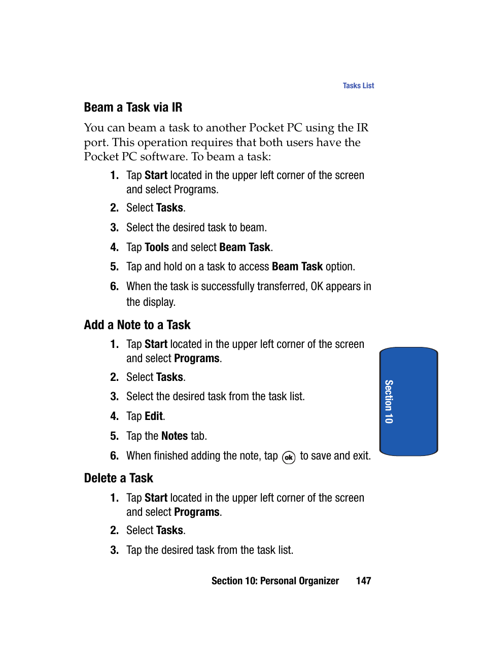 Beam a task via ir, Add a note to a task, Delete a task | Samsung SCH i830 User Manual | Page 147 / 224