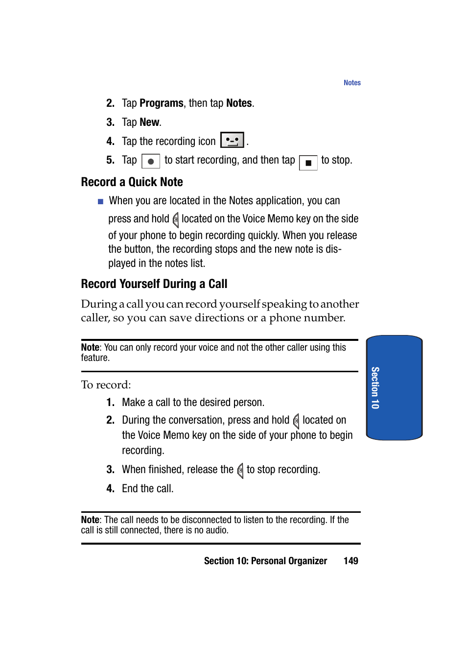 Record a quick note, Record yourself during a call | Samsung SCH i830 User Manual | Page 149 / 224