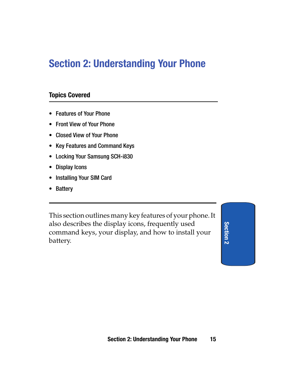 Section 2: understanding your phone | Samsung SCH i830 User Manual | Page 15 / 224