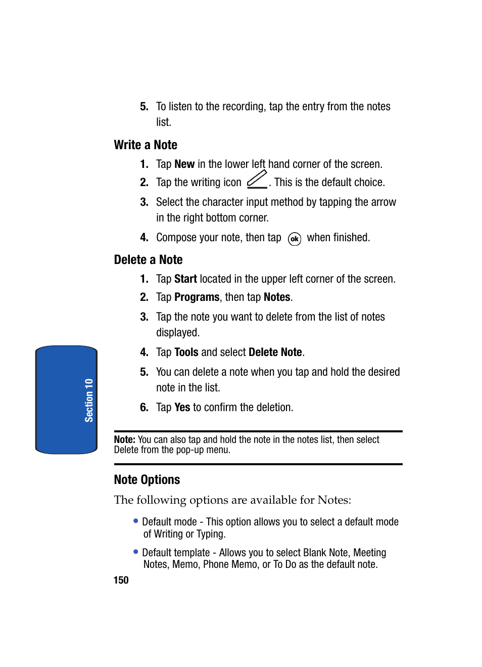Write a note, Delete a note, Note options | Samsung SCH i830 User Manual | Page 150 / 224