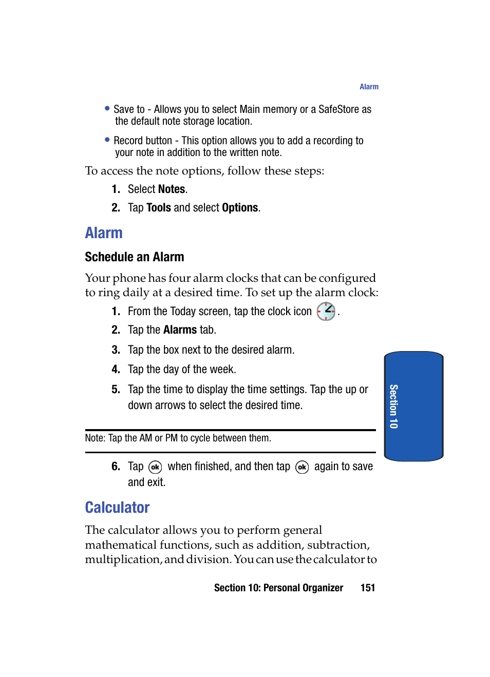 Alarm, Schedule an alarm, Calculator | Alarm calculator | Samsung SCH i830 User Manual | Page 151 / 224