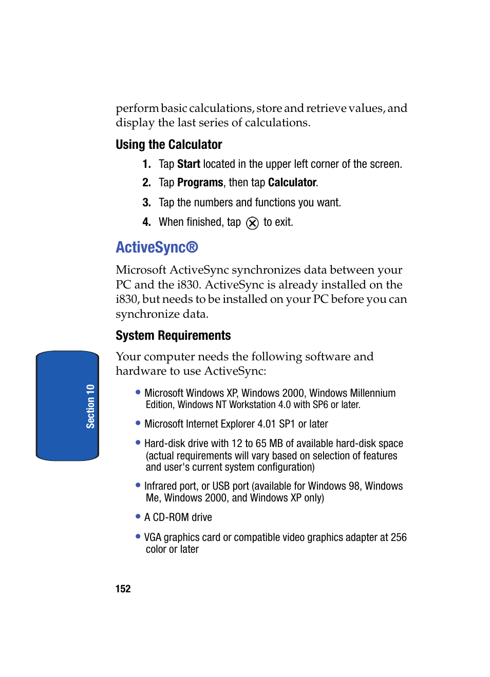 Using the calculator, Activesync, System requirements | Samsung SCH i830 User Manual | Page 152 / 224